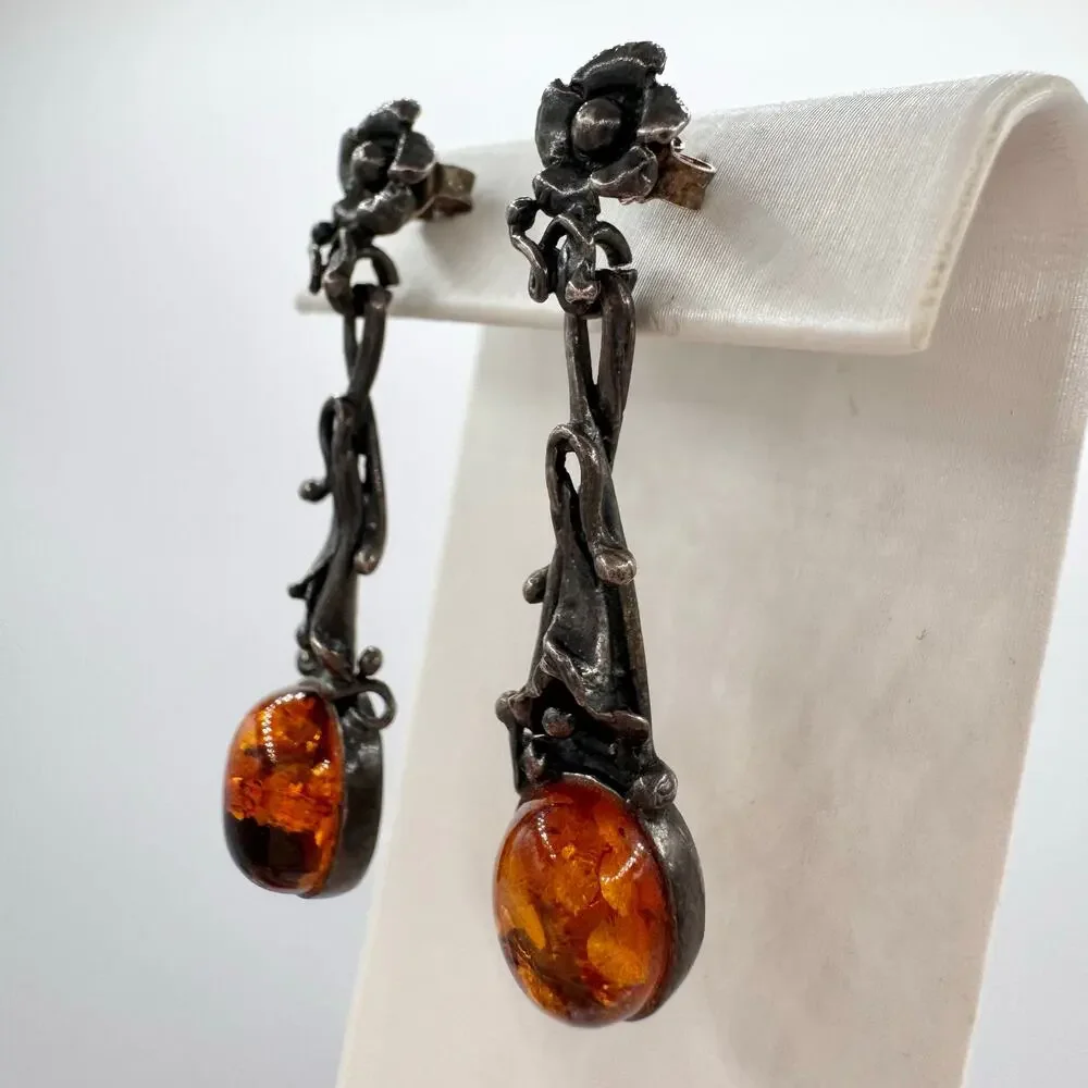 Amber Patina’d Silver Earrings Art Nouveau Style Floral Acid Tested Ornate 4.78g - Picture 4 of 13